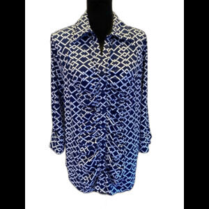 Dress Barn Blouse Geometric Pattern Size 1X Navy Button Down Stretch Casual Top
